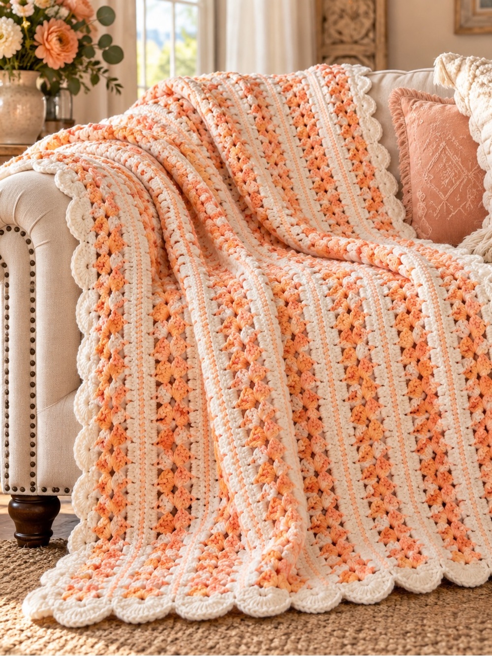 Handmade Crochet Afghan Throw Peach Cream Scalloped Edge 50x76